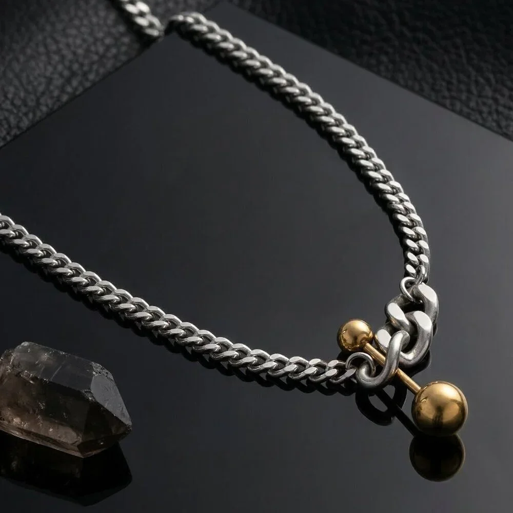 Two Tone 18K Gold Plated Stainless Steel Link Chain Necklace Ball Bar Pendant